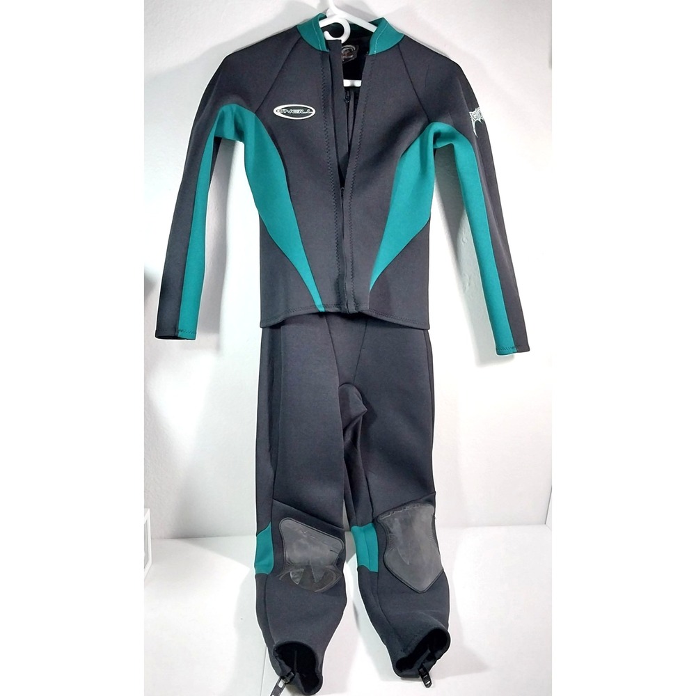 VTG USA O'Neill Reactor-2 Pc Wetsuit Sz 8 W 2 mm Front Zip Black Teal Surf‎ Dive